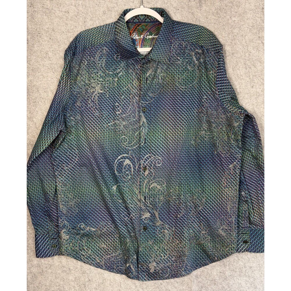 Robert Graham Mens 3XL Shirt Blue Geometric Floral Embroidered 100% Cotton